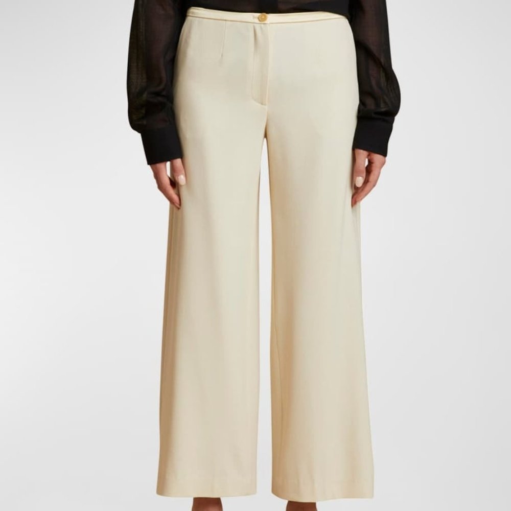 Khaite Pheadra Satin-Trimmed Wool-Blend Wide-Leg Pants in Cream Size 10 NWT